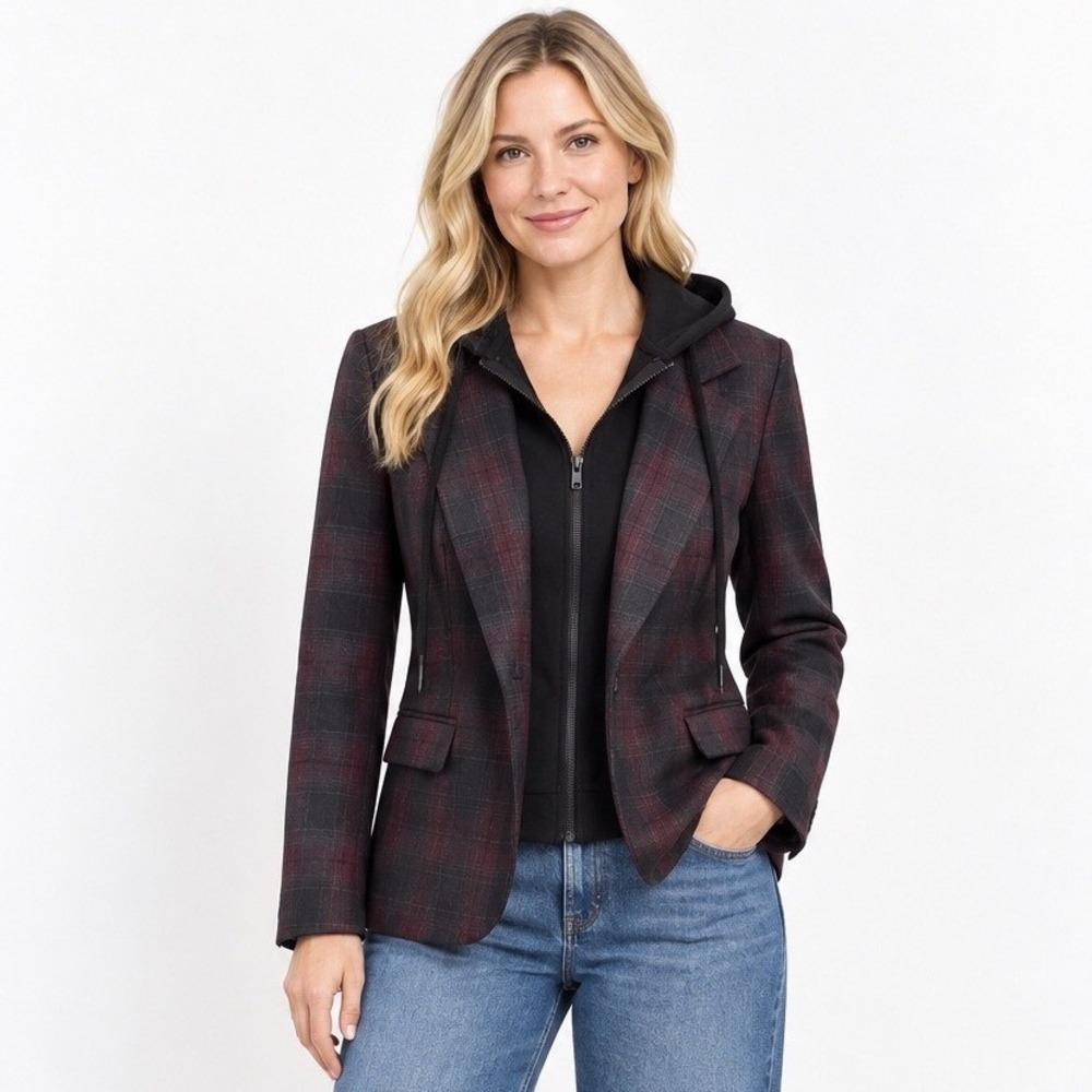 Liverpool Hooded Blazer L Burgundy Black Plaid Layered Zip Front Jacket